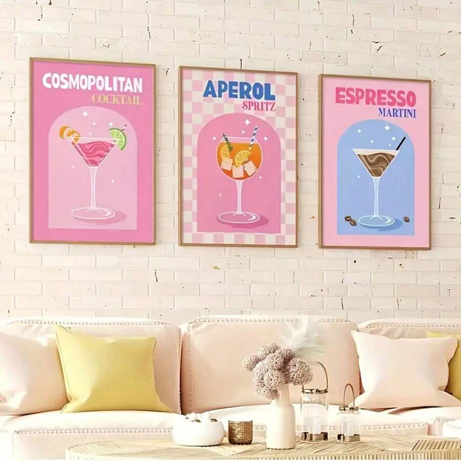 3pcs Set Preppy Aesthetic Cocktail Canvas Prints, Colorful Cocktail Wall Art Posters, Frameless Decor For Living Room, Bedroom, Bathroom, Office, Corridor, Kitchen Gifts Birthday Graduation