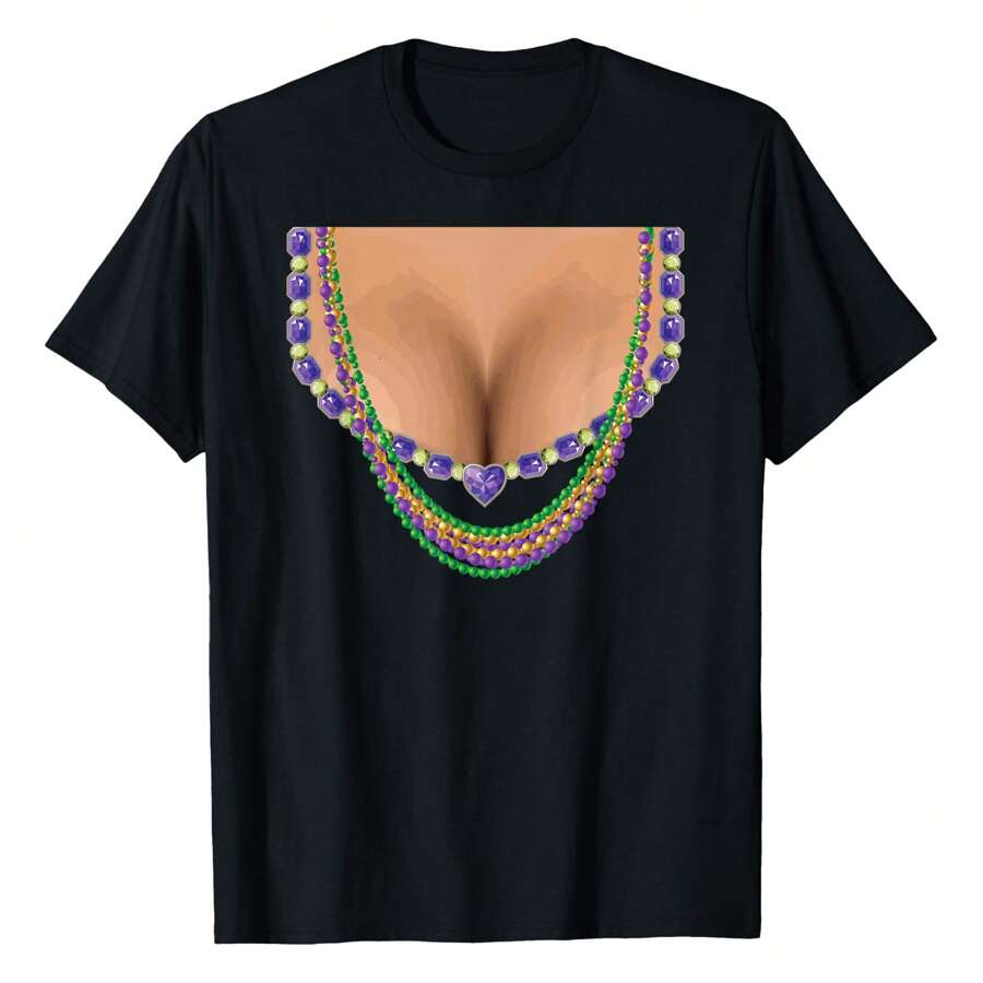 Mardi Gras Funny Design Busty Beads Boobs New Orleans T-Shirt, Women's Printed T-Shirt 220g, 100% Cotton, Round Neck Casual Women's Outdoor Short Sleeves, Retro Fashion Street Women's Short Sleeves, Daily Four Seasons Wear, Holiday Gifts