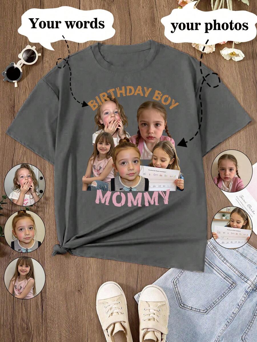 Personalized Custom European & American Style Spring/Summer Girls Casual T-Shirt, Outdoor Sports Shirt With Your Own Photo/Family/Idol/Cartoon/Portrait/Pet/Baby/Friends Image, Back To School, Birthday Gift, Party Outfit, Leisure Tee, Photo Printing, Holiday Gift, Special Commemorative Gift, Best Friend Gift, Surprise Gift, Vacation Wear