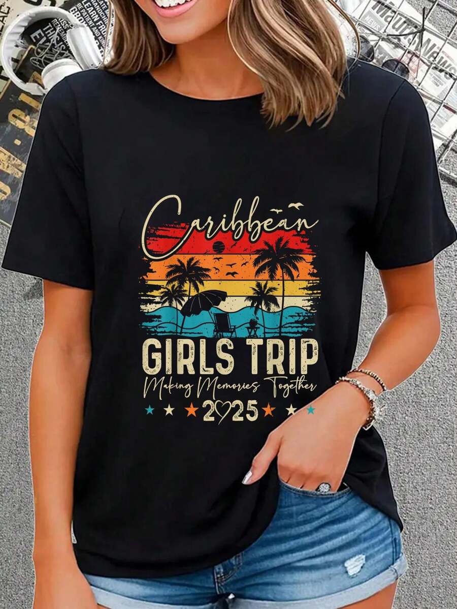 100% Cotton Casual Tshirt Caribbean Girls Trip 2025 Vacation Summer Matching Group T-Shirt