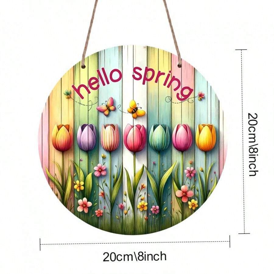 1pc Wooden Hanging Hello Spring Sign, Seasonal Wall Art Decor With Colorful Tulips And Butterflies, Suitable For Easter And Spring Celebrations Easter Decorations Easter Decor Party Gift Gifts Birthday Graduation