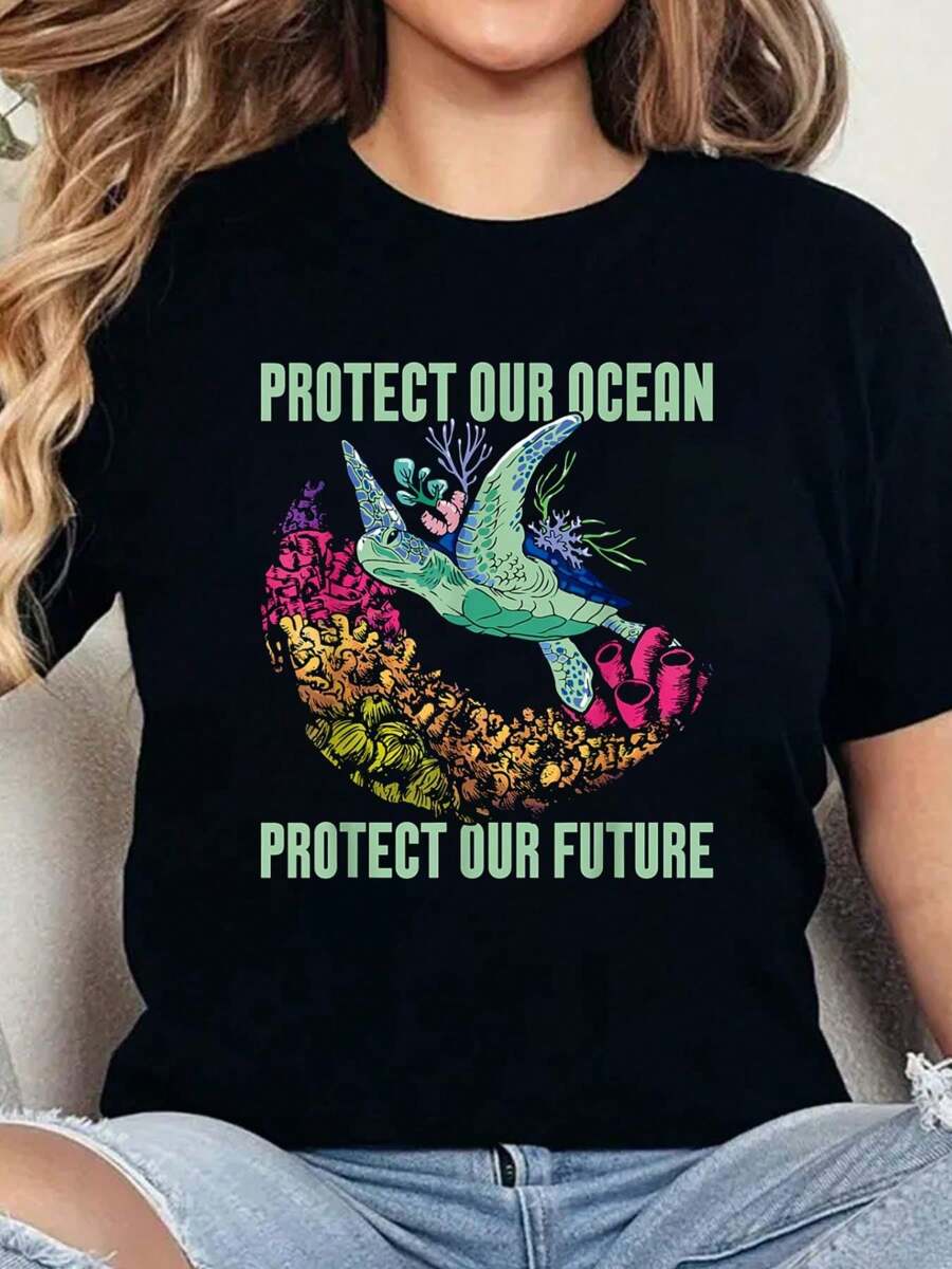 100% Cotton Protect Our Ocean Habitat Natural Underwater Marine Biology T-Shirt Print Round Neck Short Sleeve T-Shirt For Women Casual, Summer, Women Top Graphic Tees Women Tops