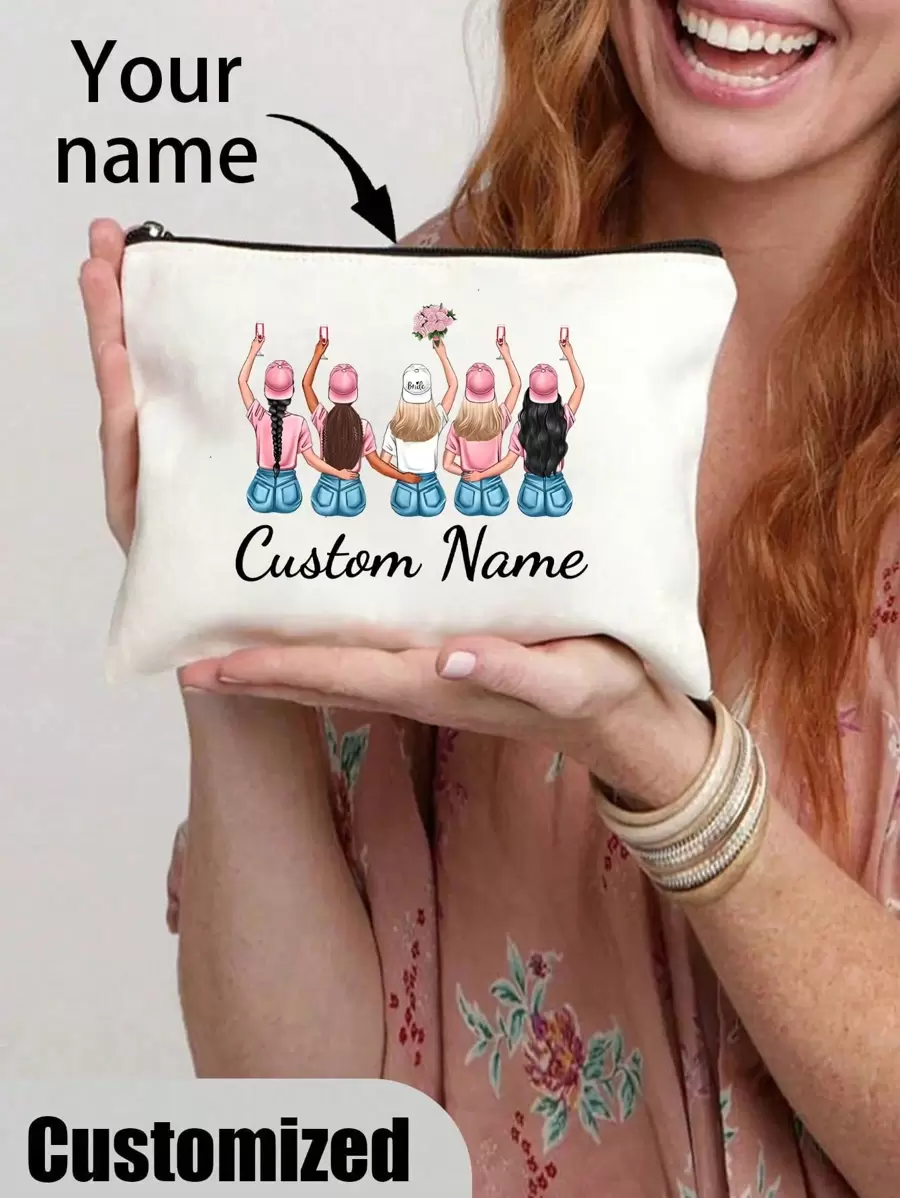 Custom Bridesmaids Name Bridal Print Zipper Cosmetic Bag, Travel Toiletry Storage Bag For Bachelorette Party Wedding, Team Bridal Print Portable Women's Cosmetic Bag, Toiletry Bag Multifunctional Bag Gift For Friends, Travel Cosmetic Bag