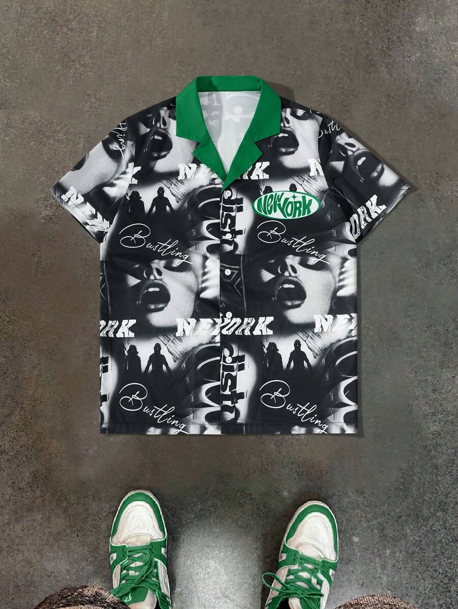 Nueva camisa de manga corta para hombre de moda holgada con estampado de letras y retratos