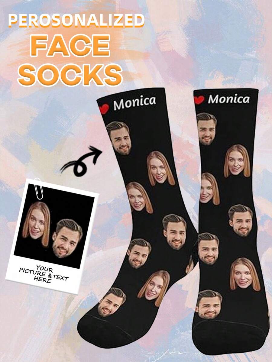 1 par de calcetines personalizados con foto de rostro impresa hasta el tobillo para mujeres, personalización para pareja, calcetines largos divertidos con impresión personalizada para el Día de San Valentín, cumpleaños u otras ocasiones