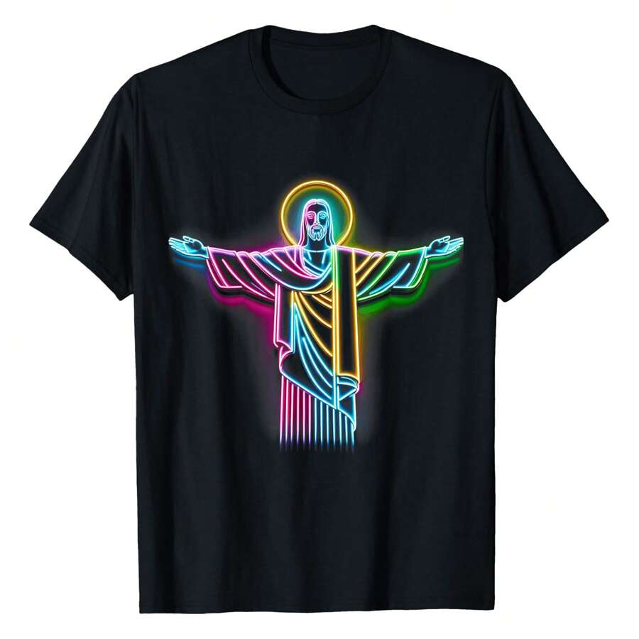 Vibrant Christ The Redeemer Tee - Colorful Landmark T-Shirt, Women's Printed T-Shirt 220g, 100% Cotton, Retro Fashion Street Women's Short Sleeves, Round Neck Casual Women's Outdoor Short Sleeves, Daily Four Seasons Wear, Holiday Gifts