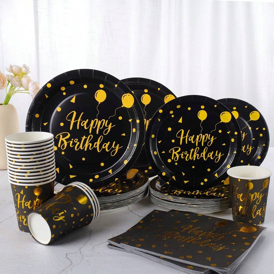 1 Set de platos, servilletas y vasos de mesa desechables con globos de cumpleaños dorados sobre fondo negro, de 7/9 pulgadas, para fiestas de cumpleaños, decoración y celebraciones, apropiado para el tema de fiesta de cumpleaños