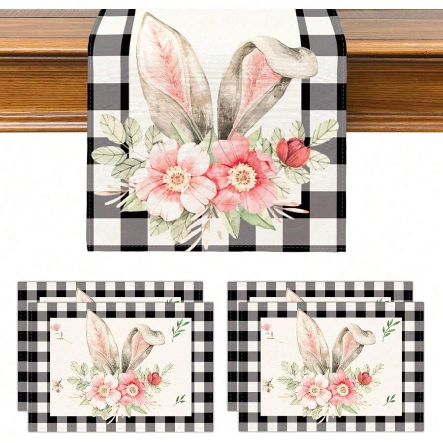 Set Of 5 Easter Table Decorations, 1Pc Table Runner And 4Pcs Placemats Set, Spring Bunny Rabbit Decor, Linen Spring Easter Decorations For Kitchen Dining Indoor Outdoor Home Party Table Decor