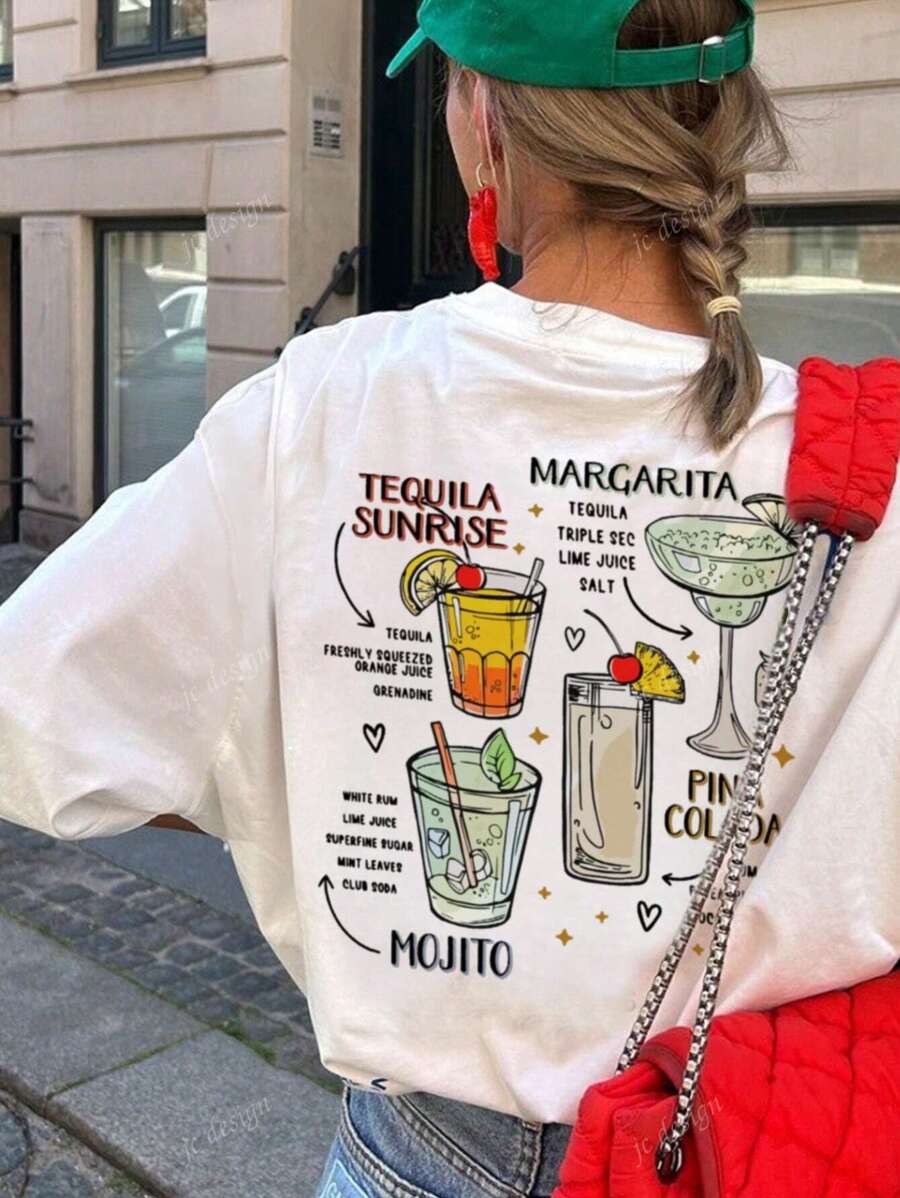 Camiseta de manga corta con cuello redondo, estampado de cóctel y eslogan para mujer. Estilo casual, suelto y versátil para vacaciones. Conjunto de moda de verano adecuado para el uso diario de vacaciones
