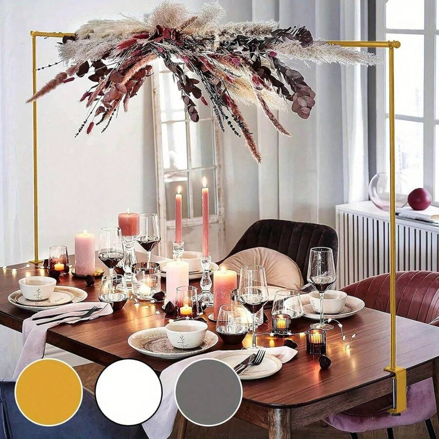 Tall Over The Table Rod Stand With Clamps Adjustable 135-250cm Gold Metal Table Arch Stand Table Clamp Stand Hanging Rail Party Stands For Decorations Wedding Anniversary (Gold)