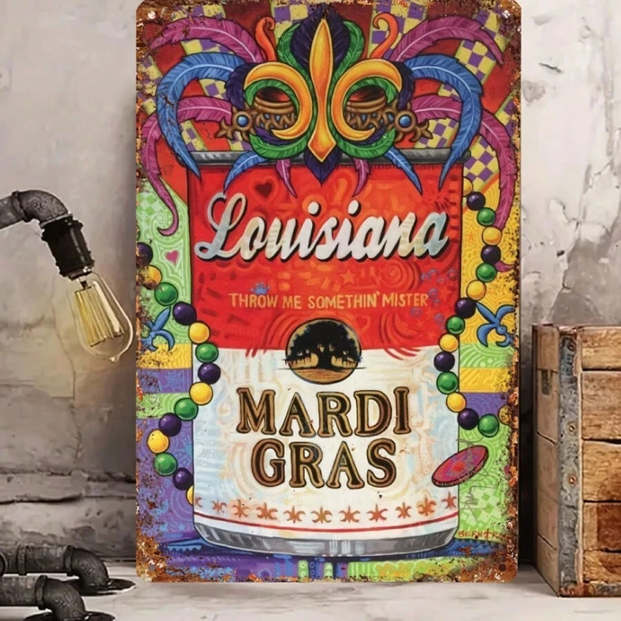 Room Decor Louisiana Mardi Gras Vintage Metal Tin Sign, 8"X12", Iron Wall Decor, Classic Carnival & Mardi Gras Celebration Ornament, With Pre-Drilled Holes, For Home, Bar, Outdoor, Farmhouse Decor