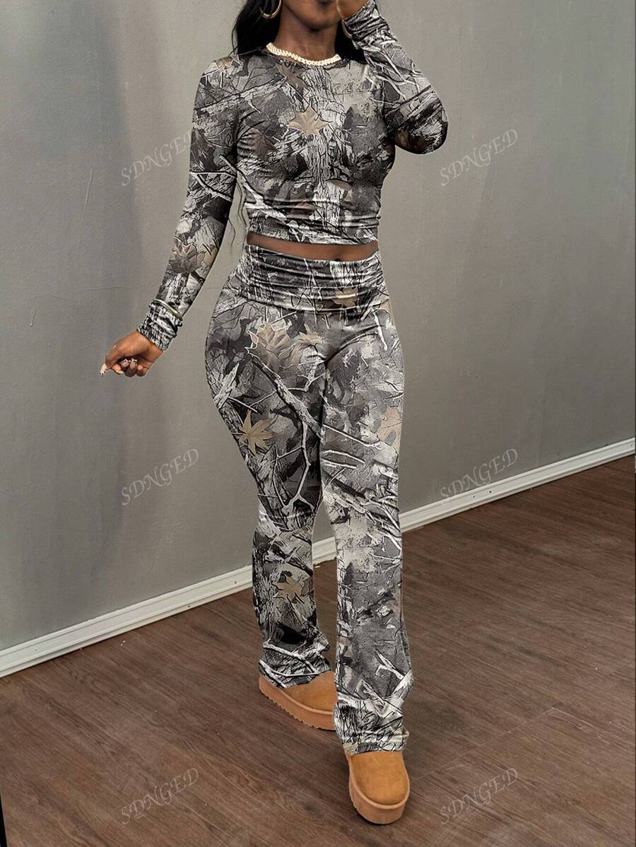 Women's Spring "Clean Girl" Round Neck Long Sleeve T-Shirt And Pants Casual Matching Set