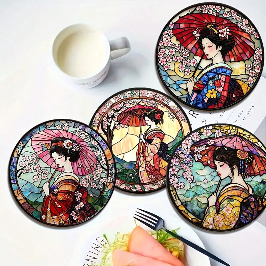 4pieces Japanese Cherry Blossom Wooden Coaster-Heat-Resistant Non-Slip Table Mat, Suitable For Home, Office And Theme Parties, 3.9 Inches