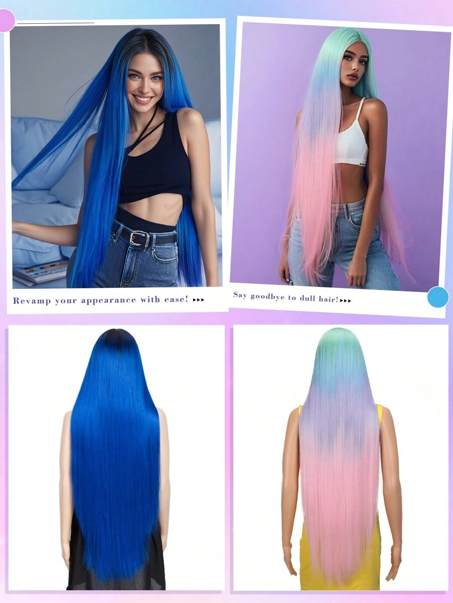 NOBLE Rainbow Color Straight Lace Front Wigs Mint Pink Synthetic Lace Front Wigs Glueless Extra Long Silky Straight Hair 13x4x1 Lace Wigs For Women Sky Blue Green Color Heat Resistant Fiber Synthetic Hair Pre Plucked With Baby Hair Hairline Daily Party Cosplay Halloween Use
