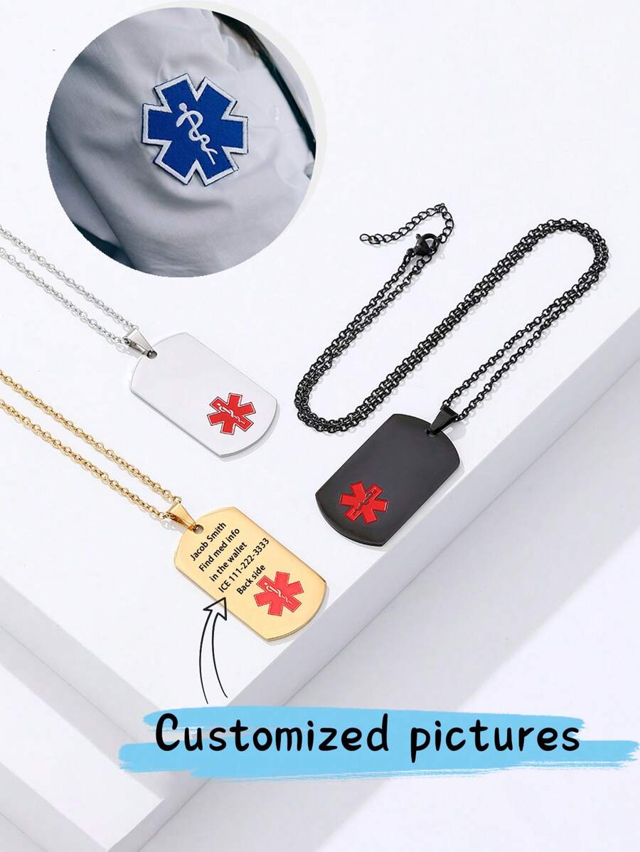 1pc - Personalized Text - Personalized Medical Alert Necklace, Engraved Ice Identification ID Tag Pendant With Chain, Can Be Engraved With ID Name, Phone Number, Pendant Necklace Custom Medical Identification Jewelry, Essential Necklace For Parents And Elders, -Give To Parents, -Give To Elders.