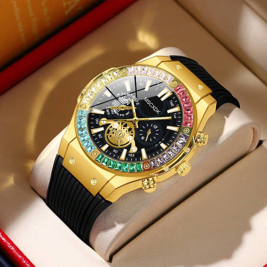 MSCXDK Montre homme Marque haut de gamme MSCXDK, bracelet en silicone, cadran décoré de diamants conceptuels, montre-bracelet décontractée militaire et sportive pour hommes (sans boîte)