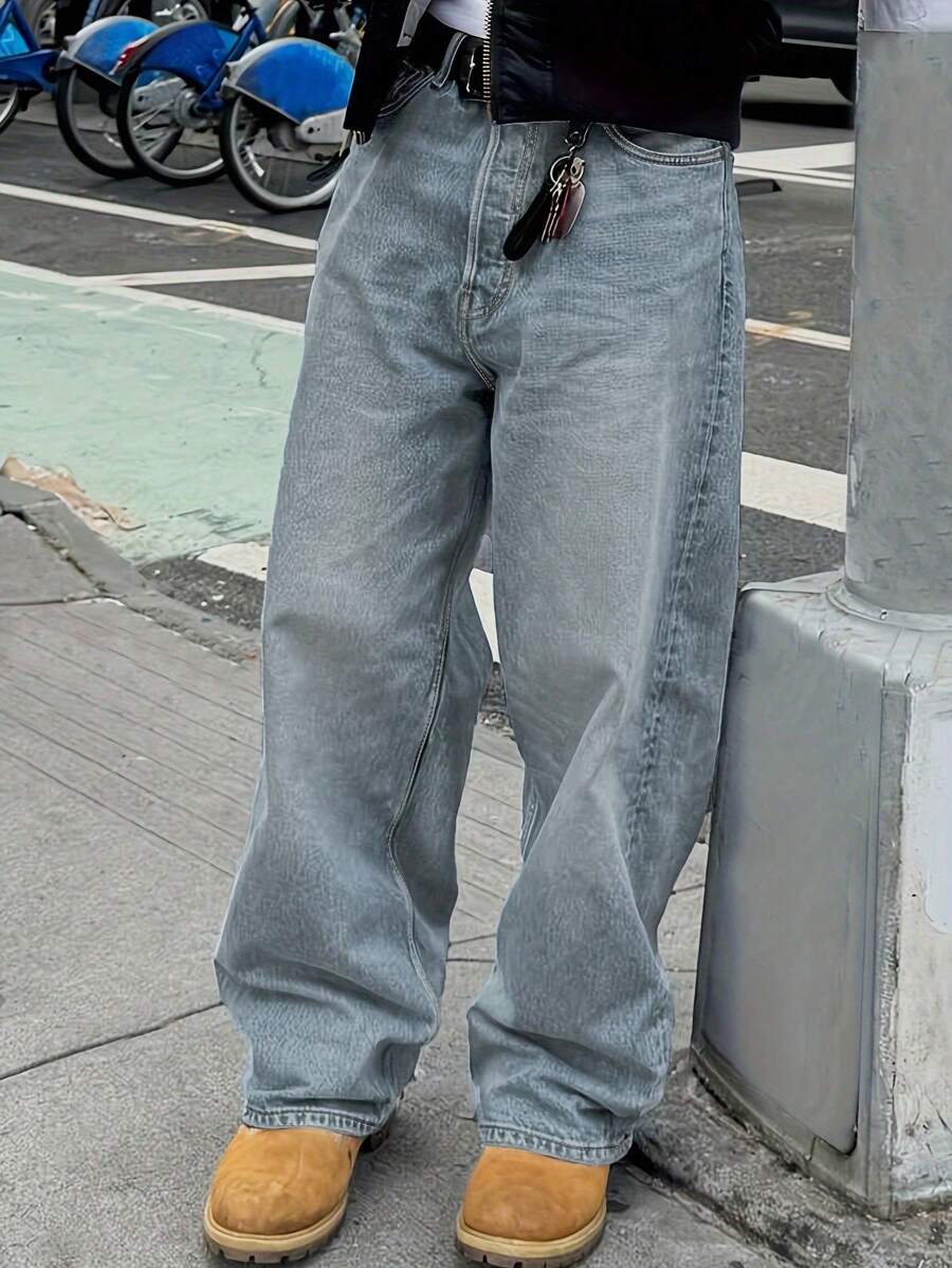 Pantalones vaqueros rectos de algodón denim con bolsillos sesgados, pantalones vaqueros sueltos y lavados que combinan con todo, pareja con pierna recta relajada