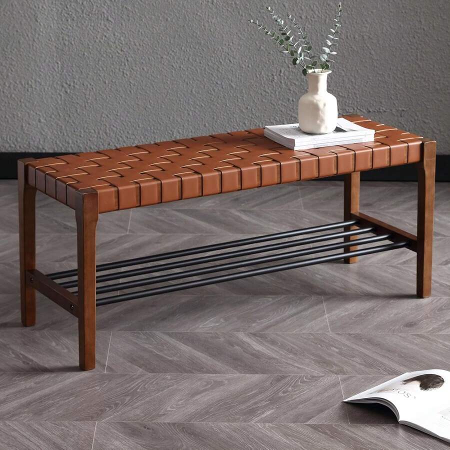Rustic Wood Entryway Bench 45 Inch Woven Bench, Indoor Boho Accent Bench With Faux Leather Strips & Metal Shoe Rack, Small Bench For Living Room/Bedroom/Hallway/Foyer/End Of Bed, Brown