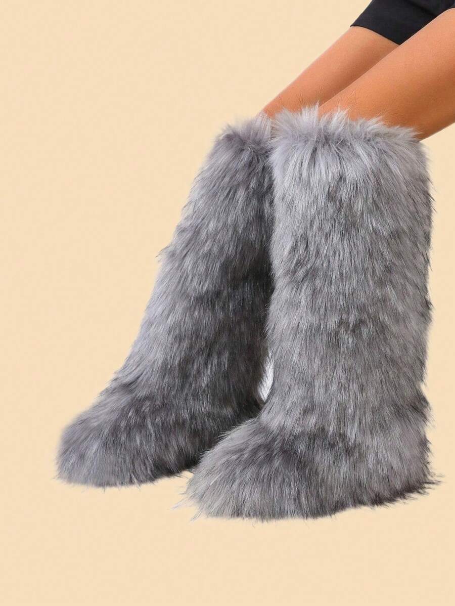 Botas de nieve para mujer con tacón plano, caña alta y cálido forro de peluche, de caña media, puntera redonda, con decoración de cadena, botas de nieve de tubo largo con cadena metálica y tachuelas, botas de nieve cálidas de tubo largo