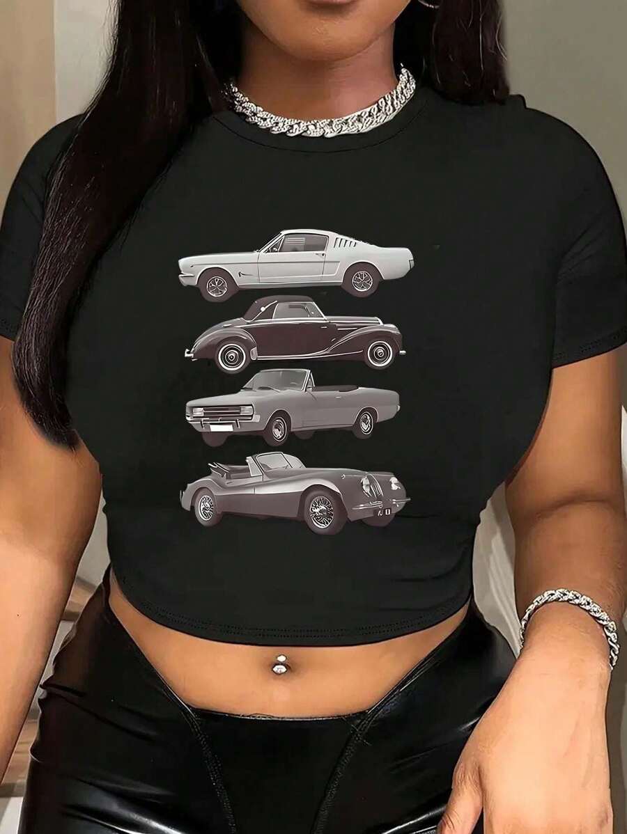 Graphic Printed Cropped T-Shirt, Y2K Spring And Summer Short-Sleeved Crop Top, Women's