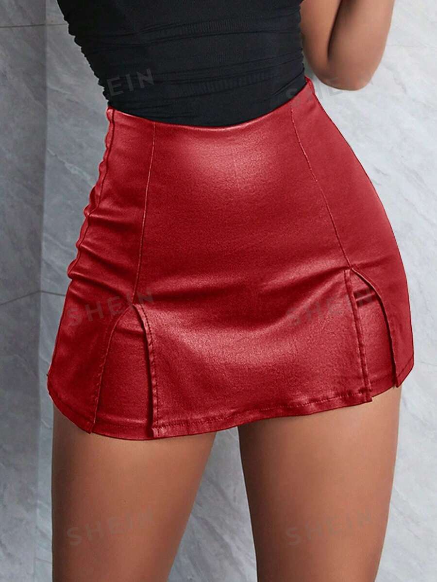 Apperloth A Minifalda ajustada con abertura y cintura alta de poliuretano elástico en color rosa neón para clubes, estilo rave-punk