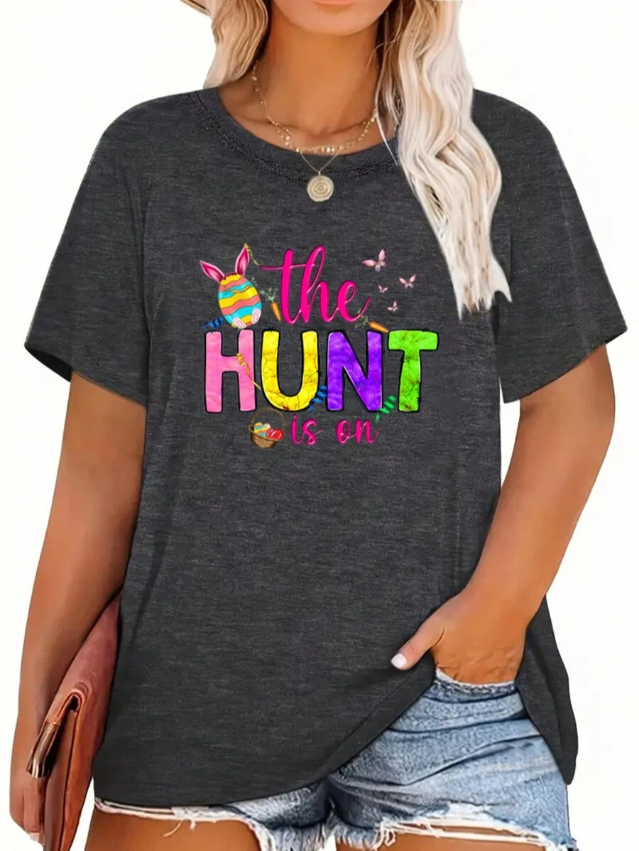 Easter Letter Pattern Printed T-Shirt, Casual Round Neck Summer Short Sleeved Women's Top