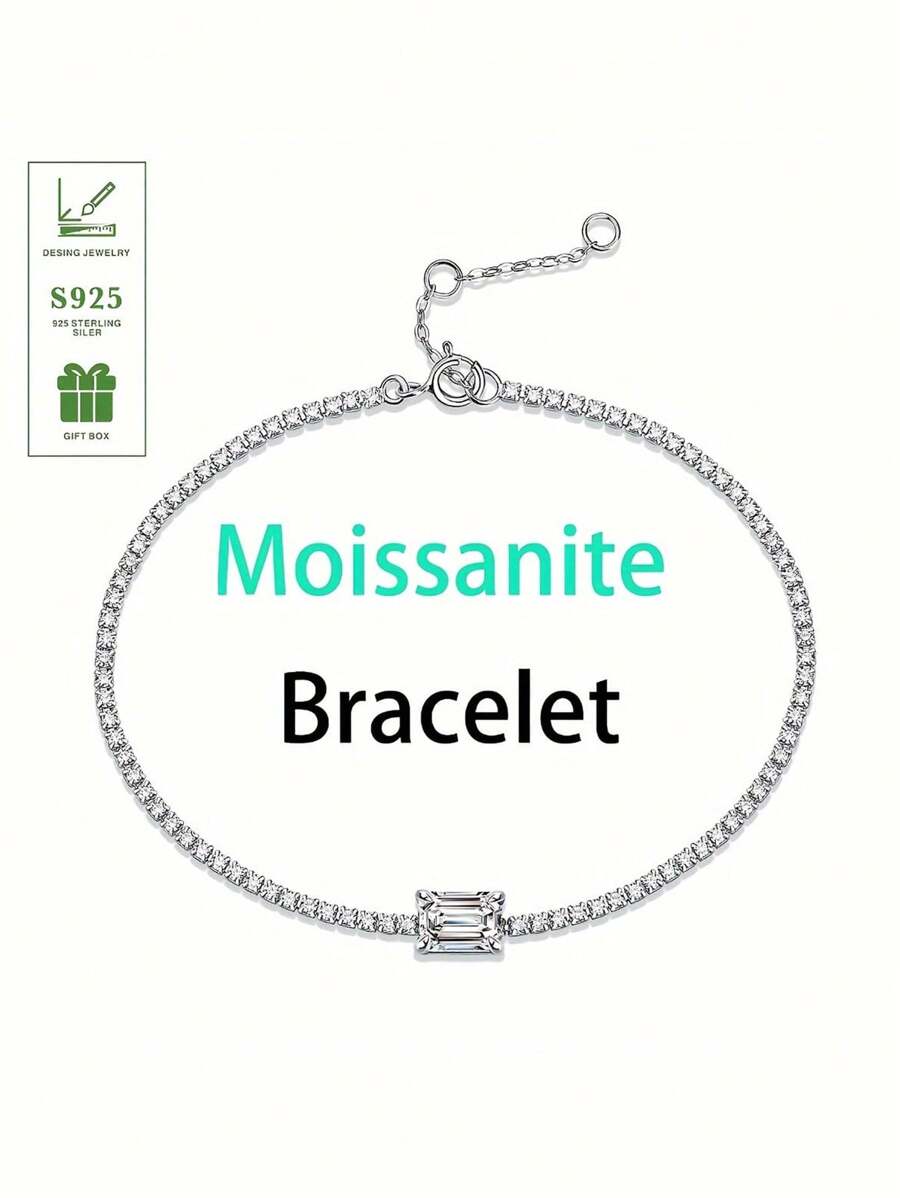 1 st. 925 Sterling Zilveren Vierkante 1ct Moissanite Vintage Stijl Armband, Geschikt Voor Vrouwen, Geschikt Voor Dagelijkse Match, Valentijnsdag, Kerstmis, Moederdag, Huwelijksjubileum Sieraden Cadeau