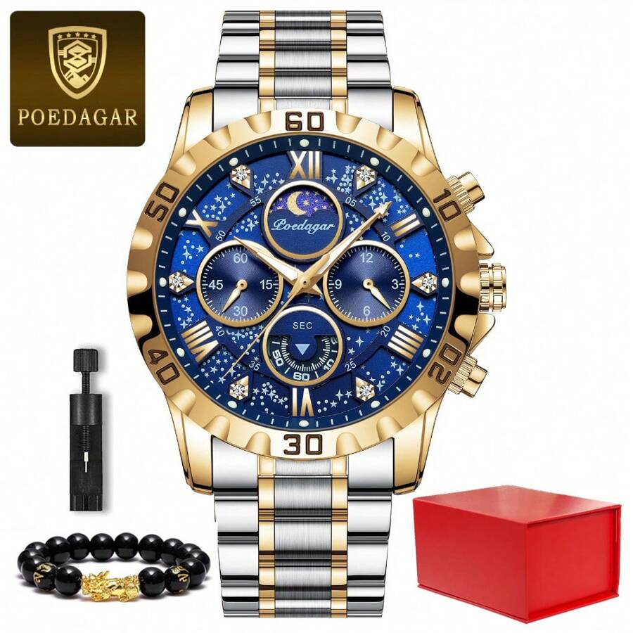 2PCS/Set POEDAGAR Man Wristwatch Set Luminous Chronograph Men's Quartz Watch Stainless Steel Casual Sports Men Watches With A Pixiu Bead Bracelet+Gift Box,