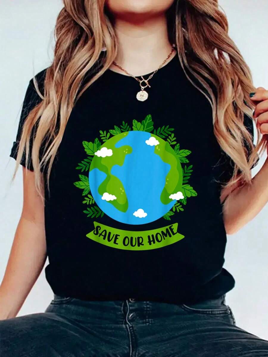 Save Our Home Cute Earth Day T-Shirt Casual Printed 100% Cotton Women T Shirt, Summer Tshirts Short Sleeve Graphic Tee Women Tops