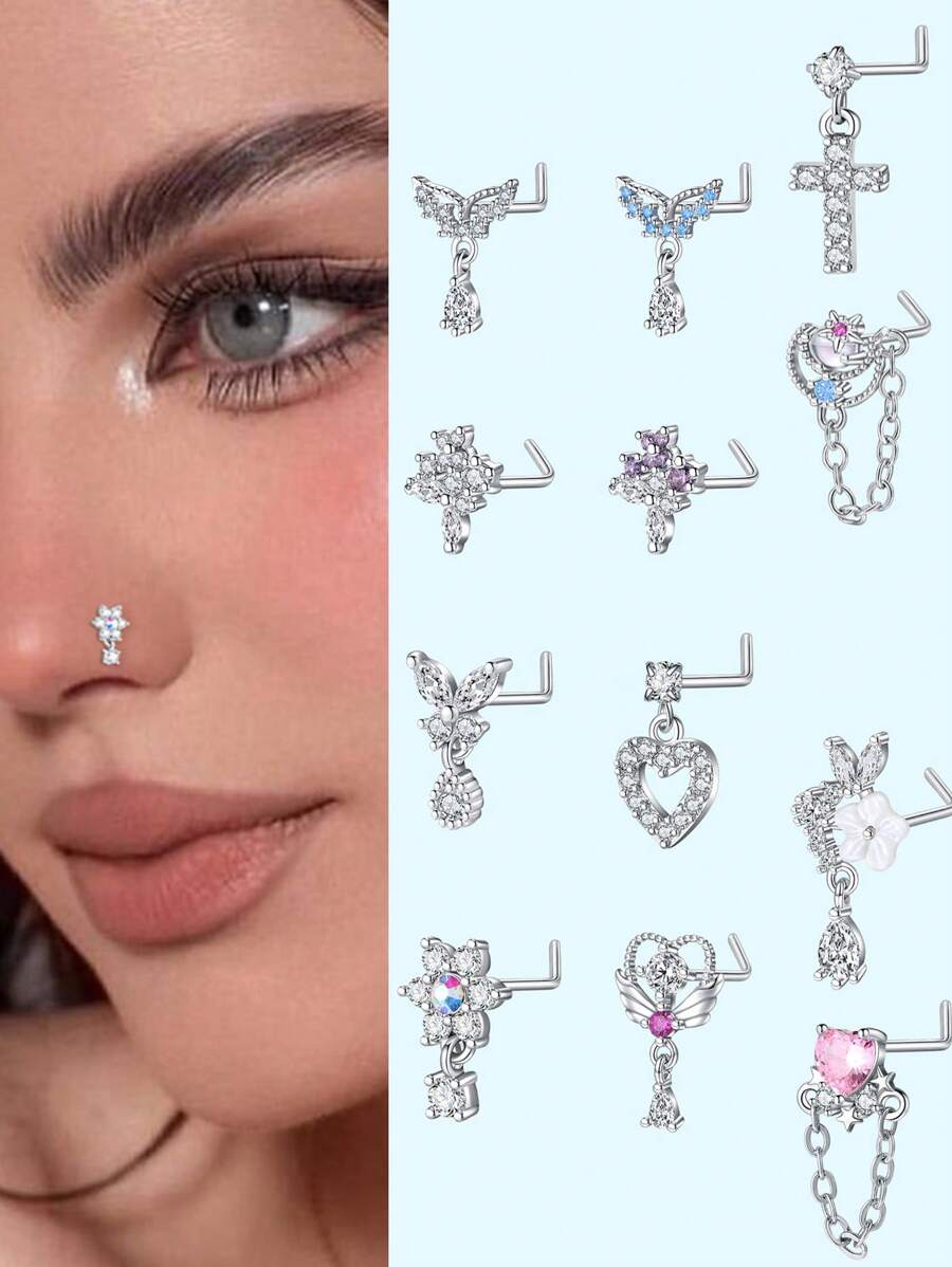 20G Pendientes de aro para la nariz en forma de L con colgante para mujer, aros de nariz con pendientes con flor de circonita cúbica de acero inoxidable para perforaciones de la nariz
