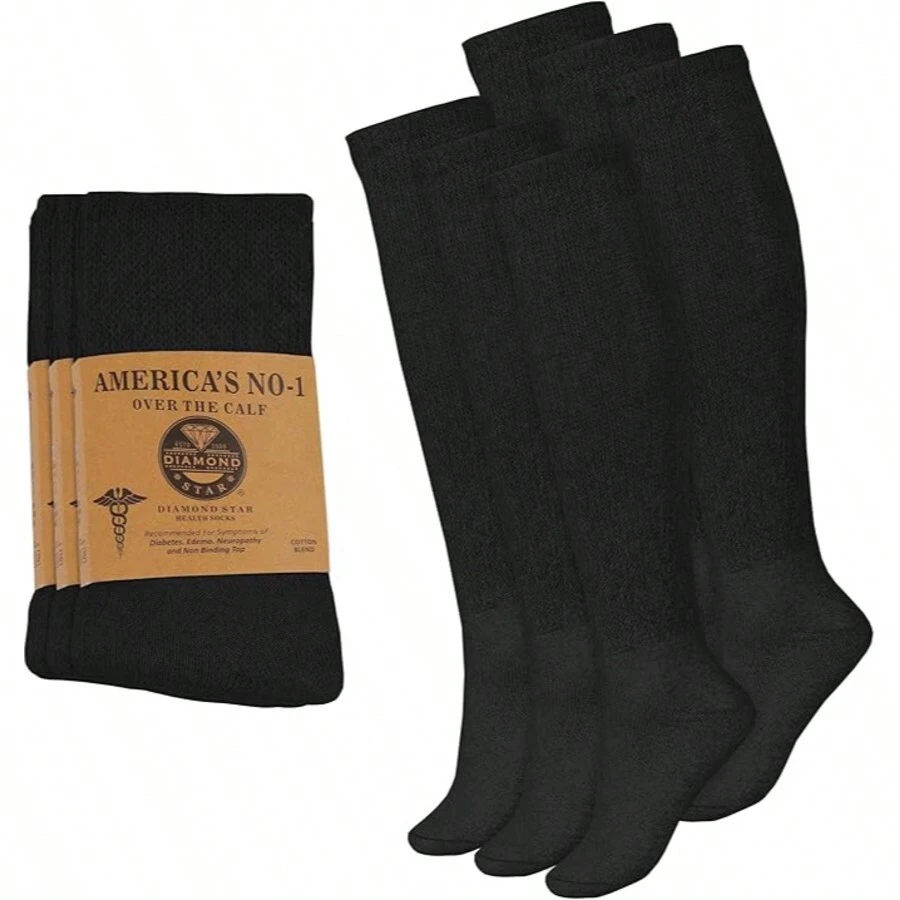 Diamond Star 6 Pairs Diabetic Socks Over The Calf - Knee High Premium Cotton Socks Men's Size 10-13 Big & Tall Size 13-16