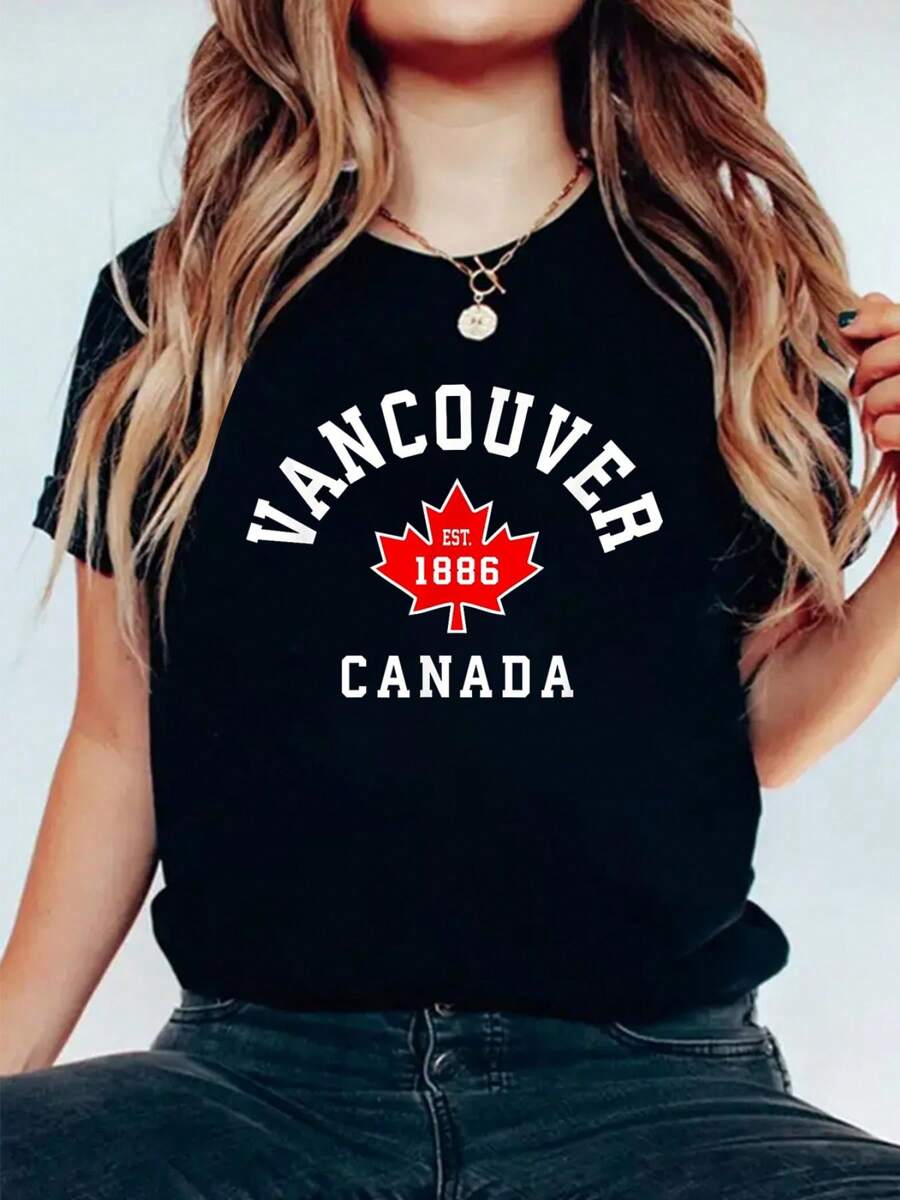 Vancouver Canada T-Shirt Canadian Flag Maple Leaf Gift Tee T T-Shirt Casual Printed 100% Cotton Women T Shirt, Summer Tshirts Short Sleeve Graphic Tee Women Tops
