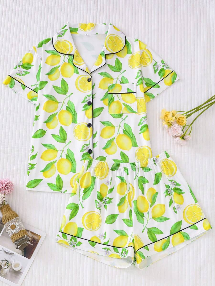 2 piezas Conjunto de pijama con estampado de melocotón para mujer, top cómodo de manga corta con cuello y pantalones cortos sueltos, hermoso y elegante ropa de dormir para uso en casa/exterior casual, adecuado para primavera/verano, vacaciones y fiestas