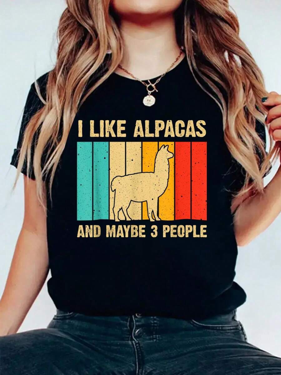 T-Shirt Funny Alpaca Design For Men Women Llama Lover Guanaco Vicuna T-Shirt Casual Printed 100% Cotton Women T Shirt, Summer Tshirts Short Sleeve Graphic Tee Women Tops