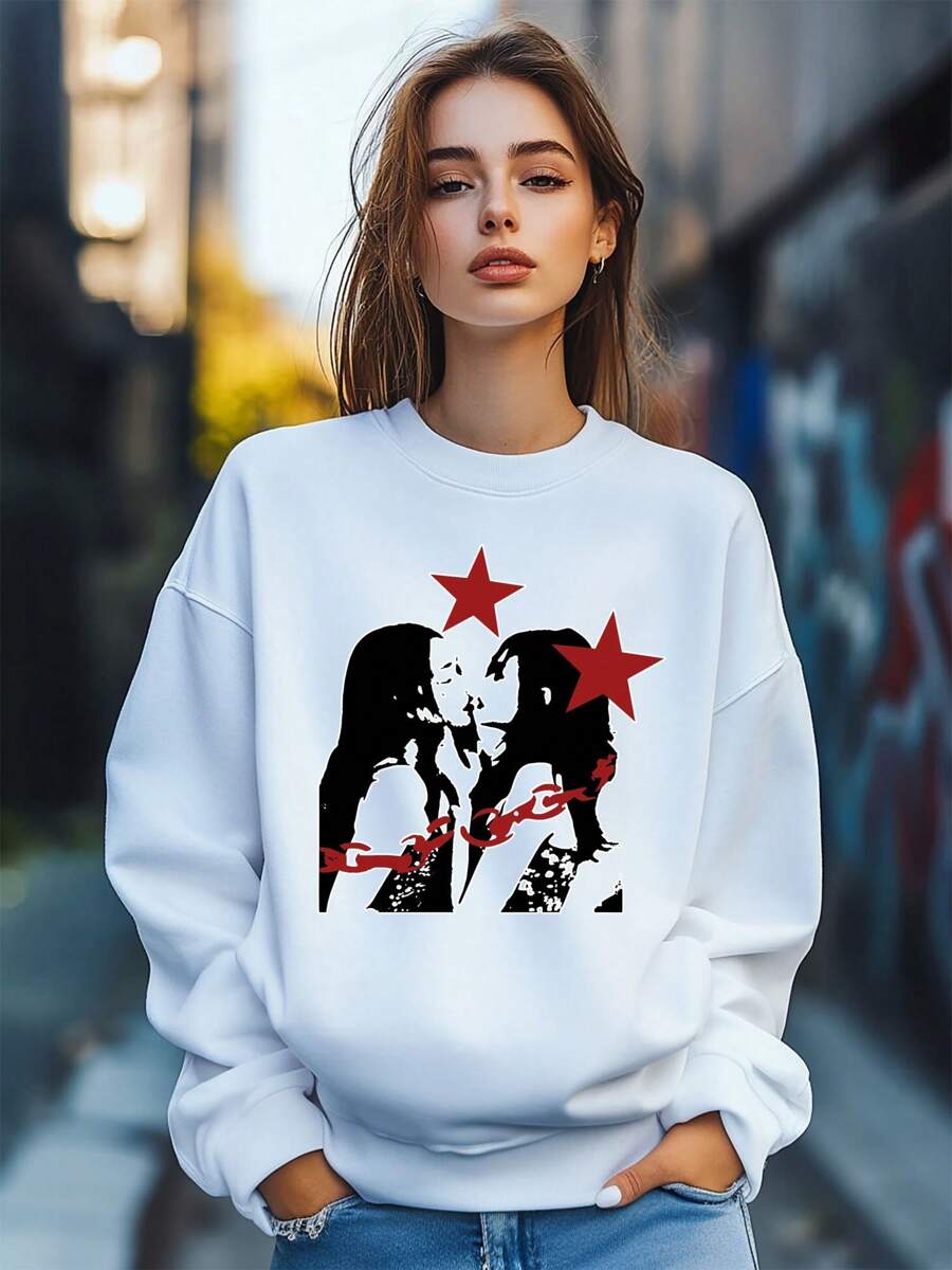 Women's Y2K Retro Style Character Portrait Letters Hip Hop Print Sweatshirt Pullover Fall Loose Fashion Long Sleeve Crew Neck Sweatshirt Casual Comfy Clothes