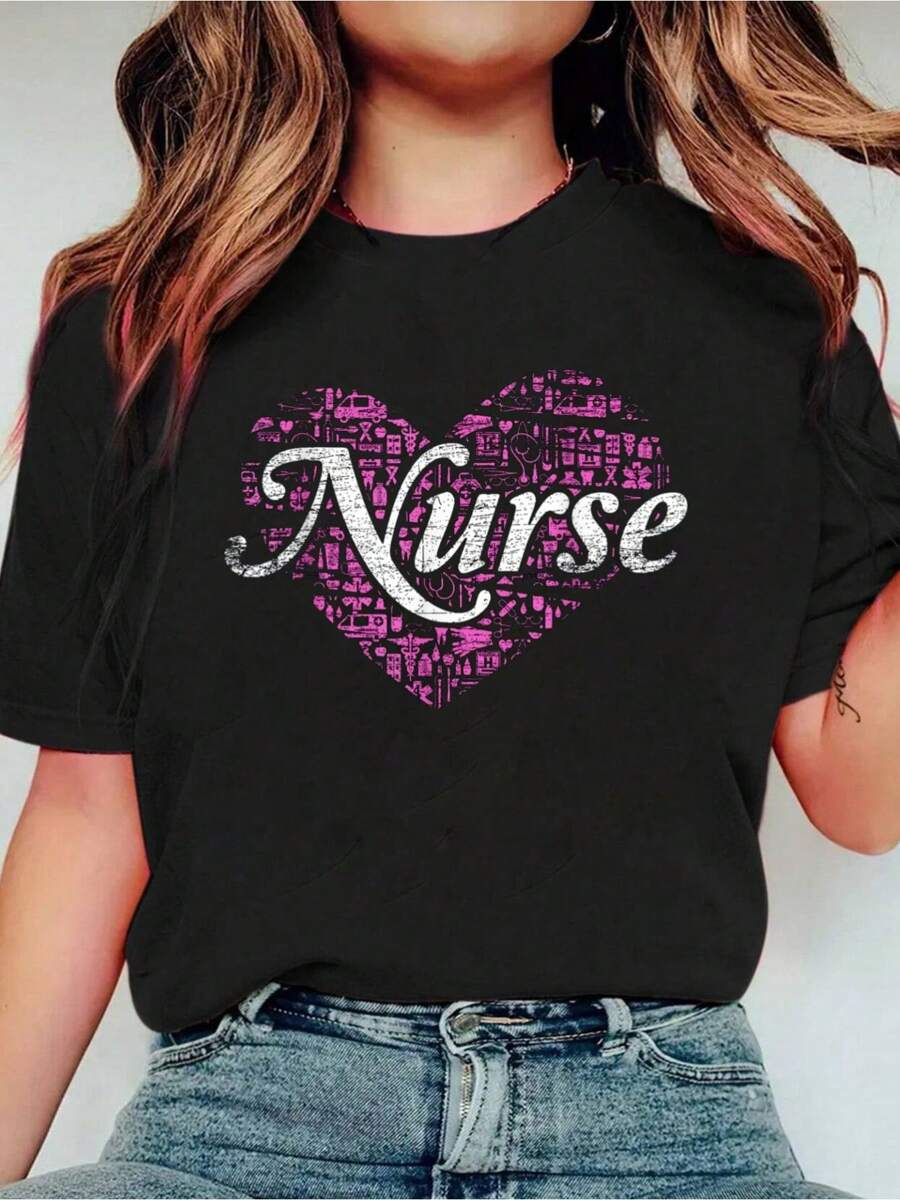 Nurse Heart Love Nursing T-Shirt Print Crew Neck Casual T-Shirt Short Sleeve Sports Top, Smart Casual/Street Style Women's Clothing