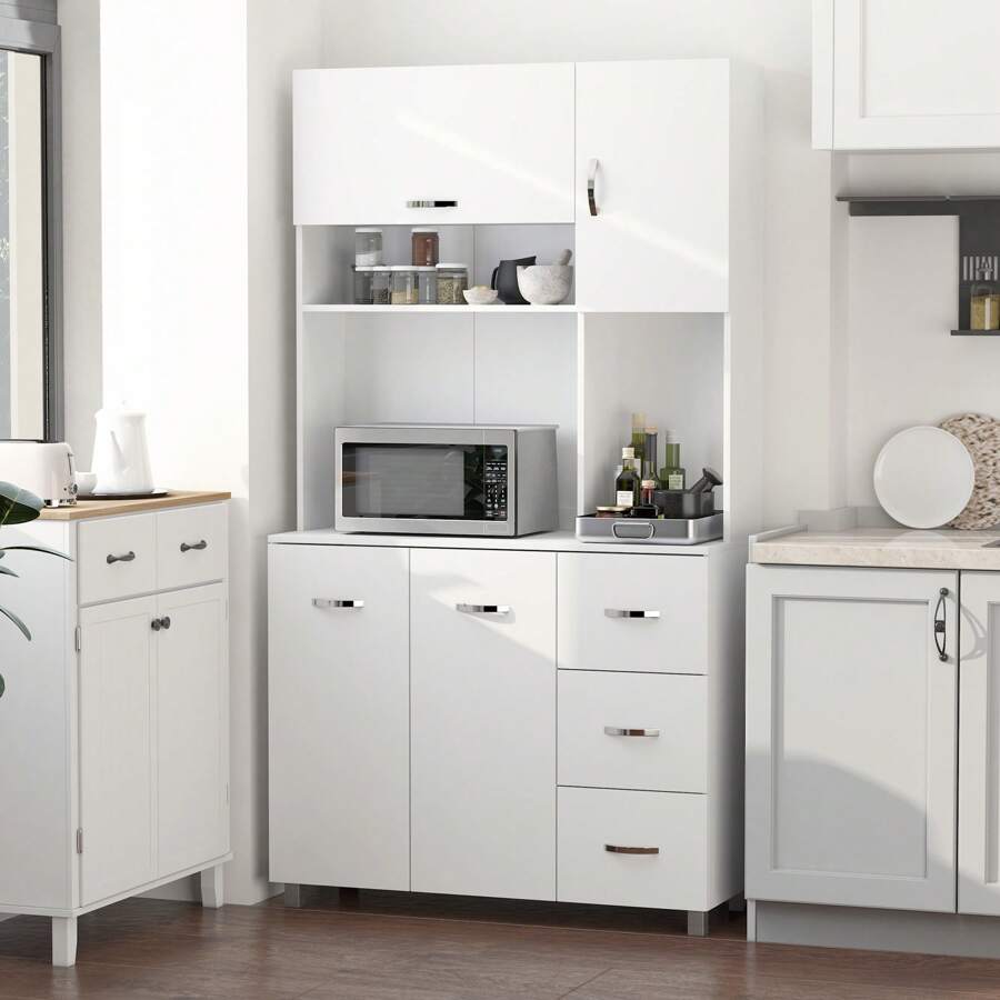 HOMCOM HOMCOM Alacena de Cocina Despensa Armario de Cocina Moderno Aparador Alto con 3 Cajones 4 Puertas y Estantes Ajustables para Salón 100x39,5x183,5 cm Blanco