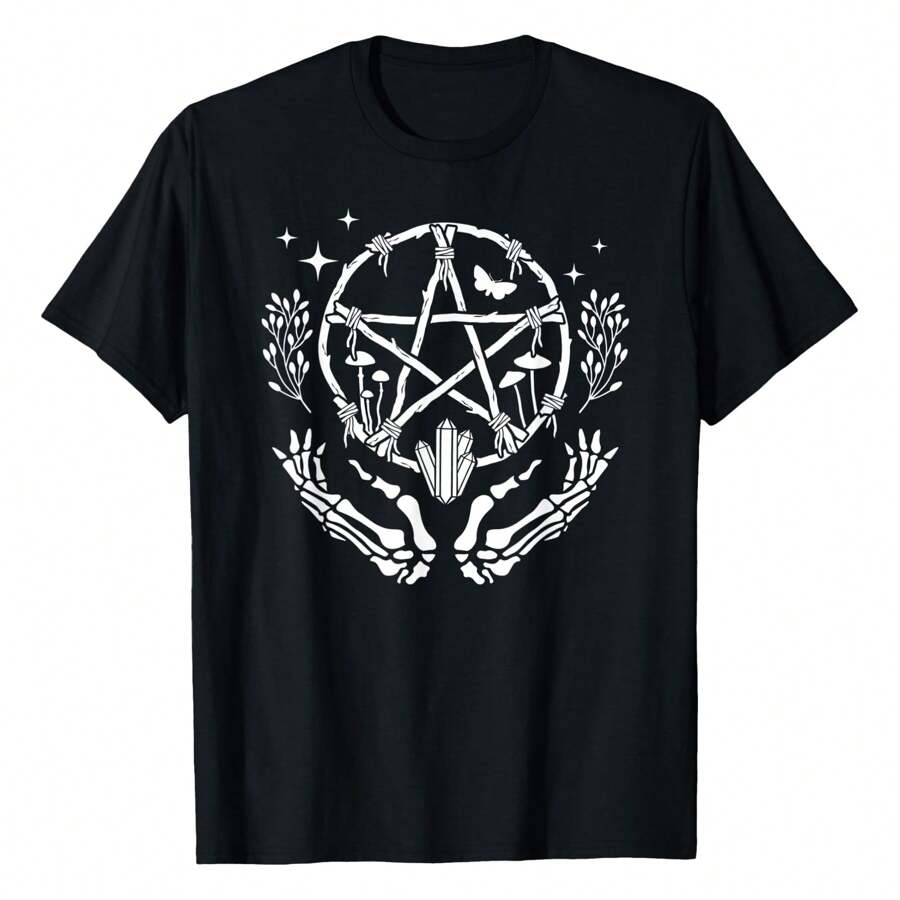Wiccan Pentacle Wreath With Skeleton Hands And Crystals T-Shirt,220g Pure Cotton Single-Sided Printed Round Neck Short Sleeved Shirt.