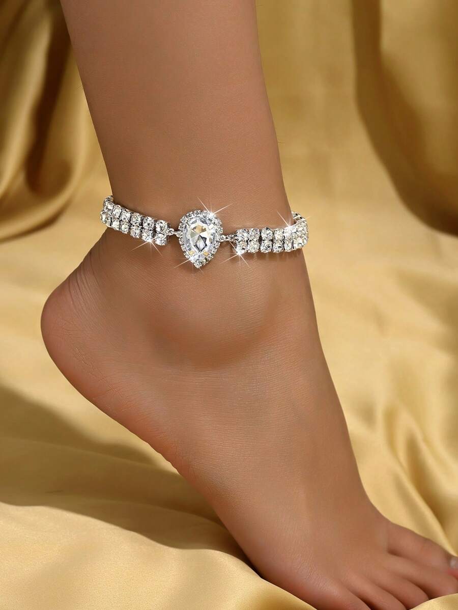 1 pieza Tobillera de doble capa con gota de agua decorada con rhinestones, con una vibra exótica y sexy, elegante joyería para mujeres