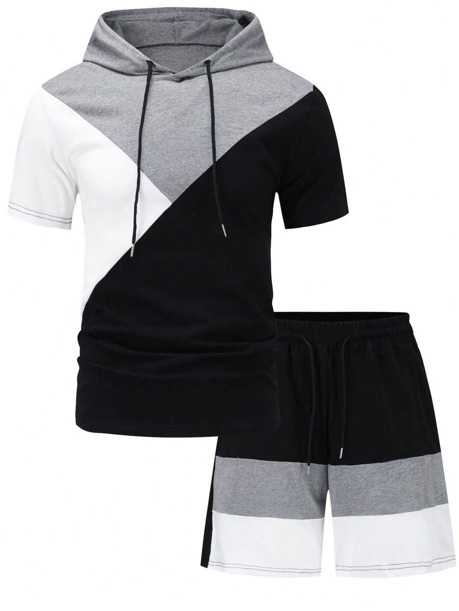 Men's Sports Casual Tri-Color Splice Design Short Sleeve Hoodie T-Shirt & Shorts Set, Outdoor Sports Tracksuit For Running & Fitness