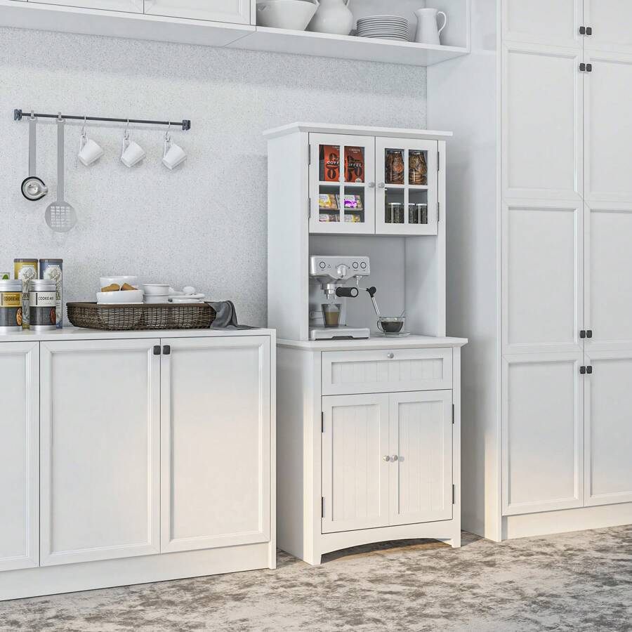 HOMCOM HOMCOM Aparador Alacena de Cocina Mueble Auxiliar para Microondas con 2 Armarios y Cajón 68,6x40x164 cm Blanco