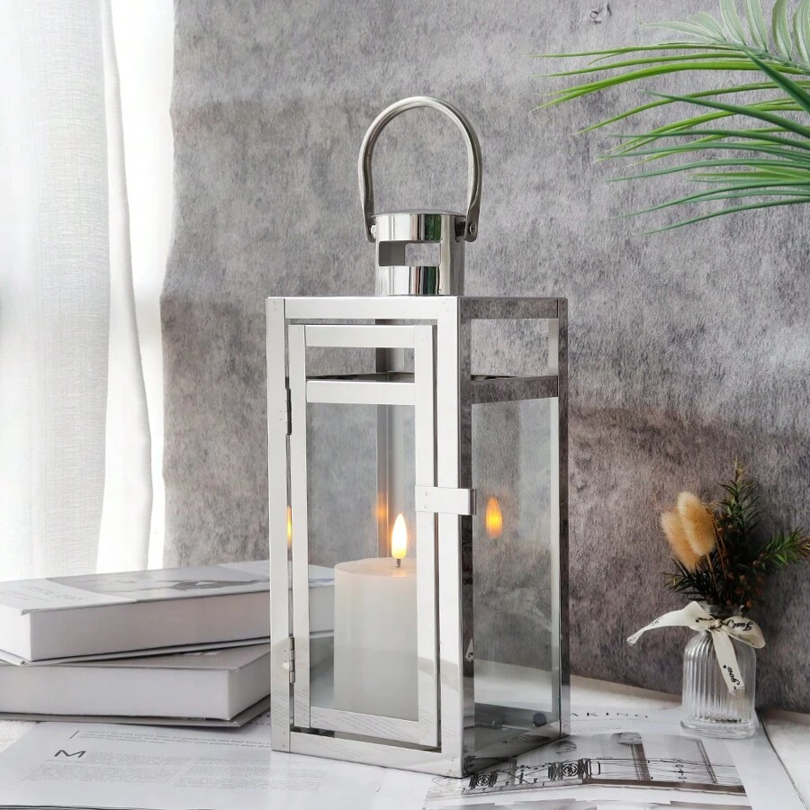 Stainless Steel Decorative Lantern 12'' High Metal Candle Holder Outdoor Candle Lantern With Tempered Panels For Christmas Home Decor Living Room Parties Events Tabletop Indoor Outdoor