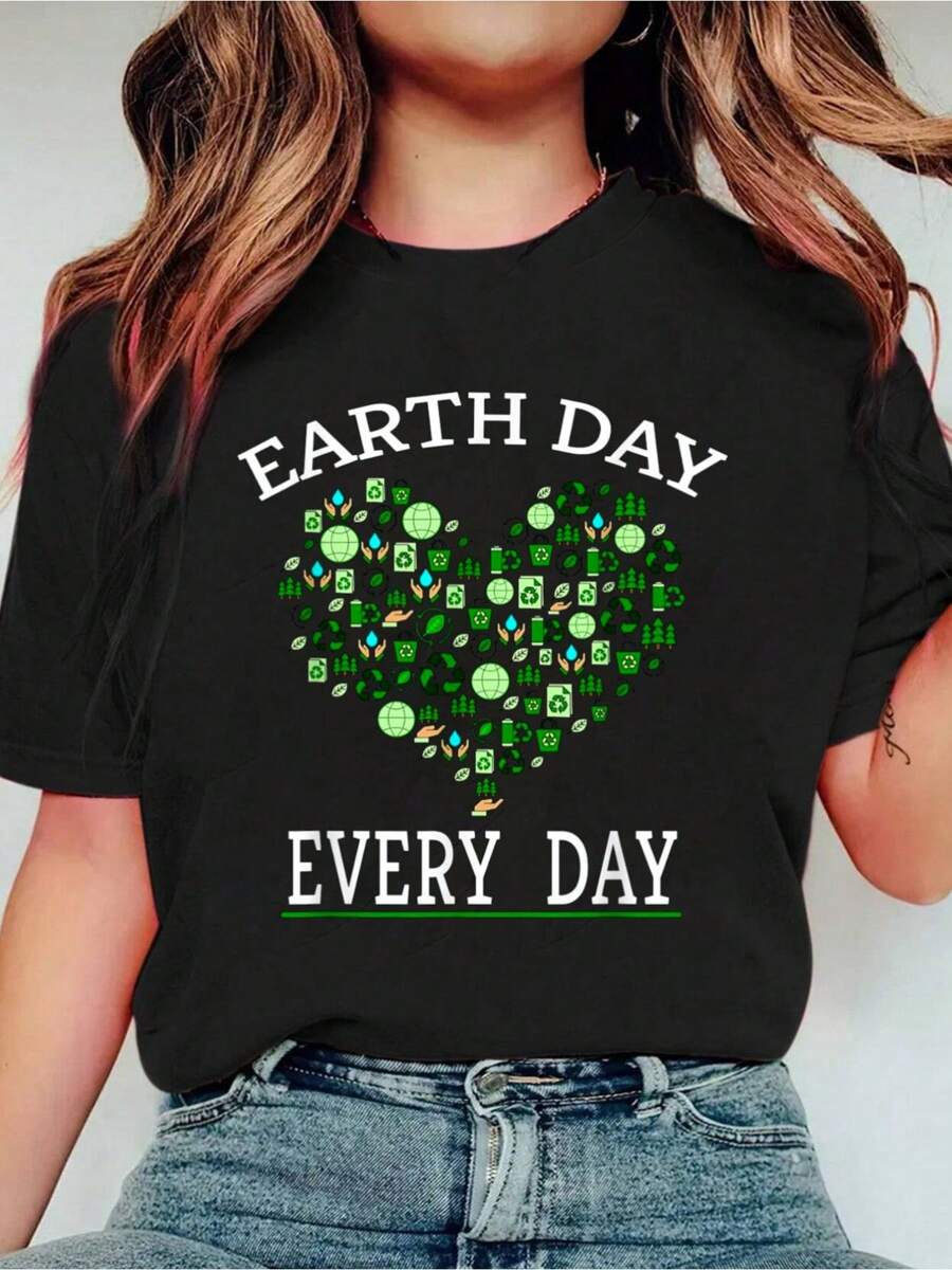 Earth Day Every Day Awareness Heart Print Crew Neck Casual T-Shirt Short Sleeve Sports Top, Smart Casual/Street Style Women's Clothing