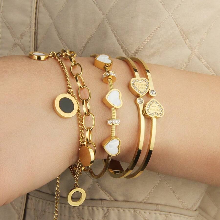 Juego de pulsera de 3 en 1 de acero inoxidable con elegante flor de cuatro hojas, pulsera con colgante de corazón con circonita brillante de estilo romano, adecuado para uso diario, banquetes, bodas y como regalo, para todas las estaciones