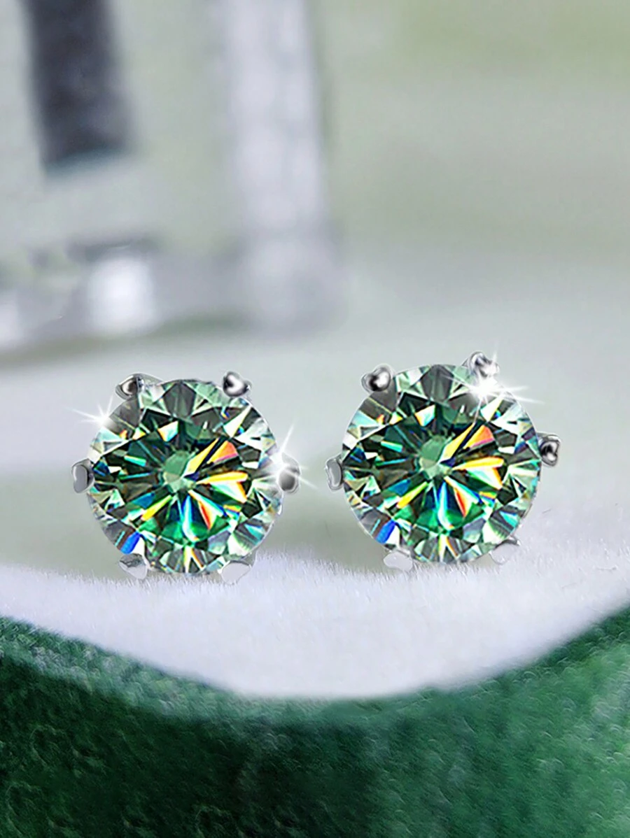 1 Pair Luxury 925 Sterling Silver 2 Carat Moissanite Women's 6-Claw Stud Earrings, Suitable For Daily Wear, Party, Holiday, Valentine's, Mother's Day, Christmas, Thanksgiving, Women's Jewelry Gift