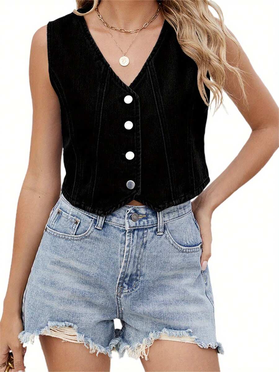 Women's Solid Color Denim Vest Sleeveless V Neck Slim Fit Trendy Button Up Tank Tops
