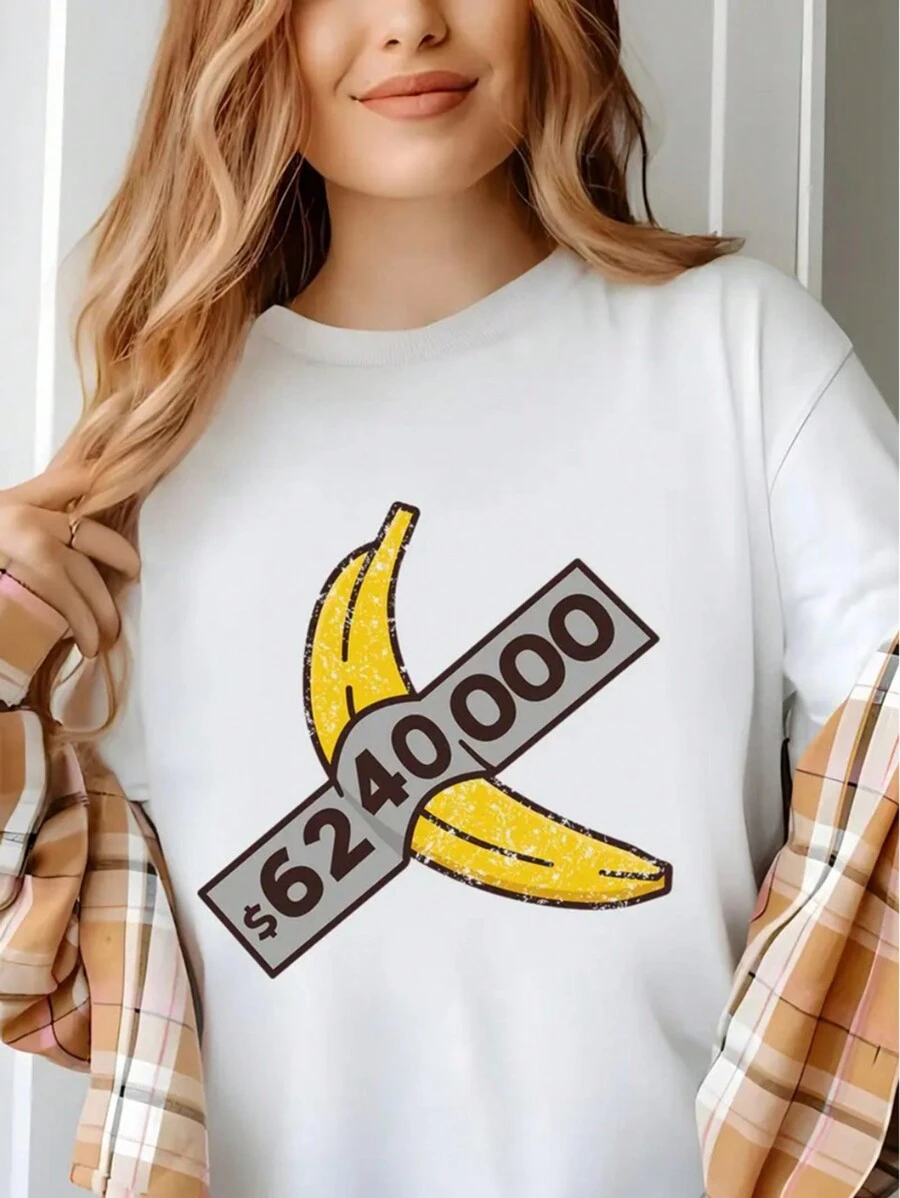 Banana $6.24 Women's Single Side Printed Short Sleeve T-Shirt Round Neck Summer Fashion Solid Basic T-Shirt Tops Casual Summer Shirts