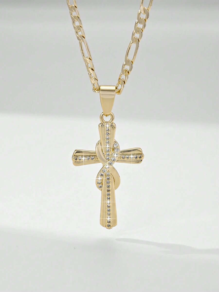 1 pieza Collar colgante con cruz de Jesús de 14K color oro, estilo europeo y americano, hipoalergénico, con relieve en capas e incrustación de cobre y circonita, adecuado como regalo para madres, San Valentín, parejas, amigos, cristianos, para uso diario, festivales y oración
