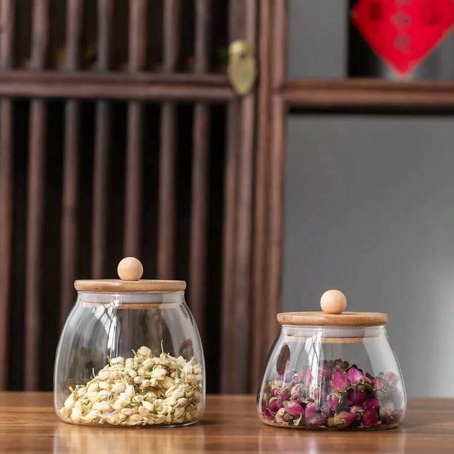 Tarro de almacenamiento de granos de vidrio transparente, tarro sellado de vidrio de borosilicato alto con tapa de madera de bambú, bote de té con perilla redonda de madera