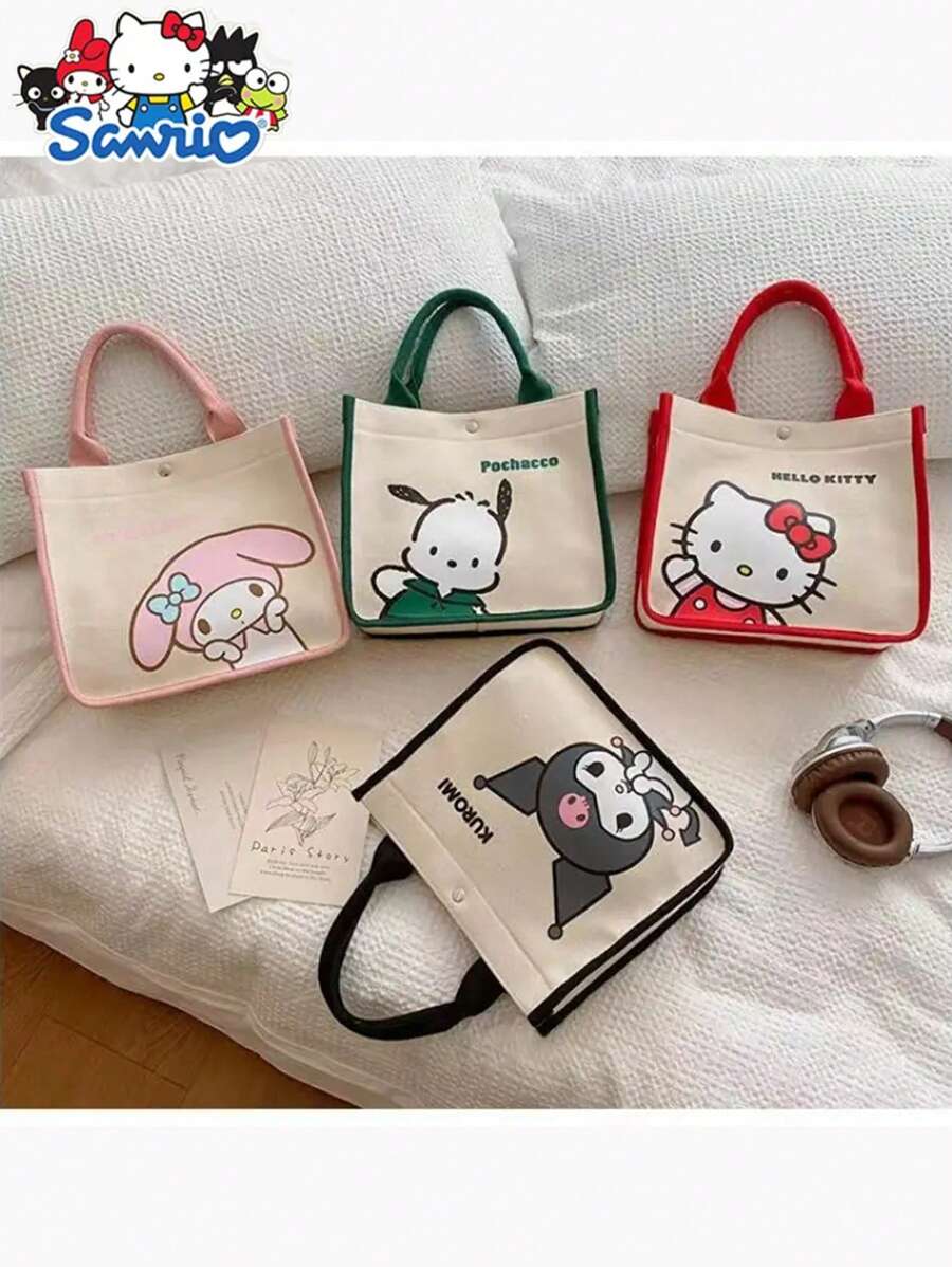 Sanrio Hello Kitty Canvas Kids Tote Bag - Lightweight Cute Multifunctional Girl's Handbag With Cosmetic Bag - Available In Red, Green And Black